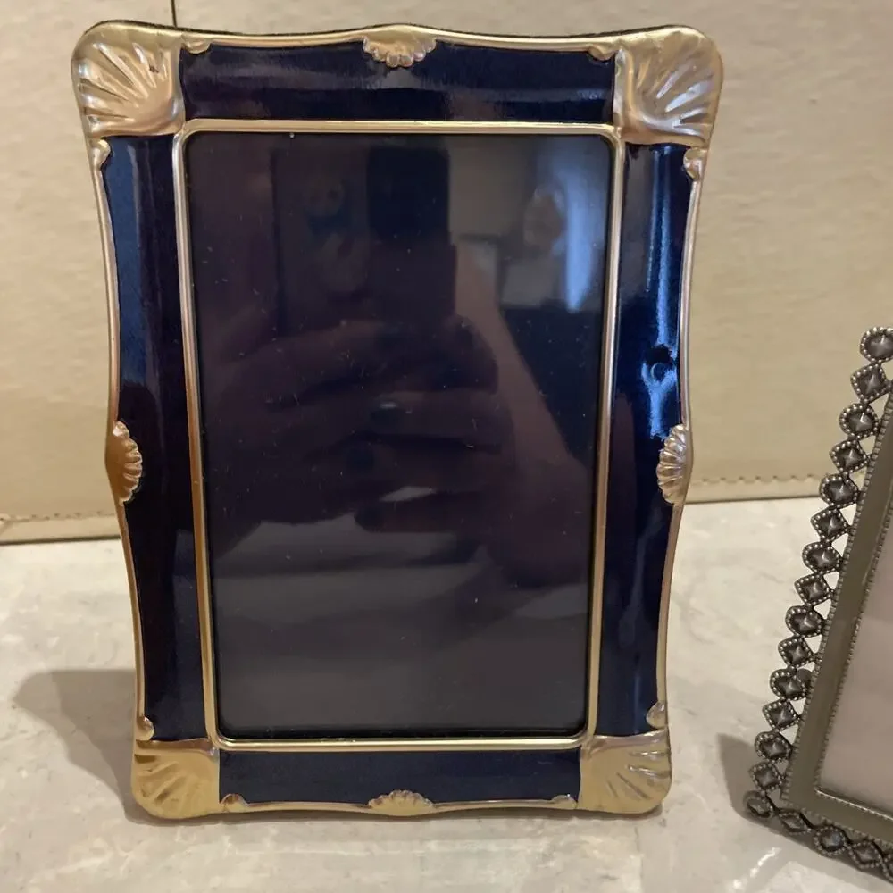 Pair Mixed metal brass Enamel photo Frames 5x7 5x5”blue/gold Silver/green